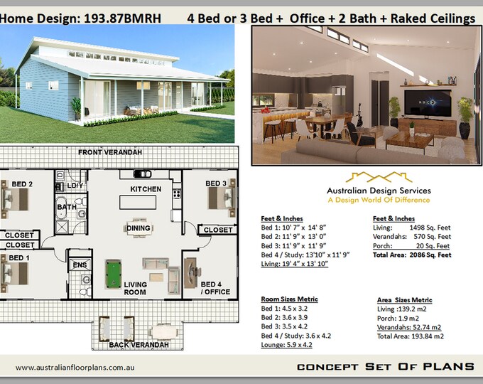 House Plans 4 Bedroom OR 3 Bed + Office House Plan |  4 bed house plans 1500 Sq Foot (140 m2) Modern Home Plans / Blueprint PDF