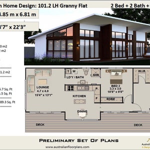 22' x 48' (15 x 7 meter) Lean to Cottage architectonische plannen - aangepaste huisblauwdruk met 2 slaapkamers