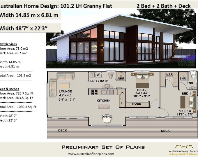 Small 2 Bedroom house plan 101.2 m2 or 1089 sq foot, Small and Tiny House Plans, metric or feet and inches, Concept Blueprints Crazy sale