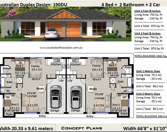 Cad (DWG) Version: 1942 Sq Foot or 190 m2 | 4 Bed duplex design| 2 x 2 bed duplex plans | dual living | Affordable Multi-Family Homes |