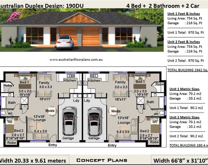 1942 Sq Foot or 190 m2 | 4 Bedrooms duplex design | 2 x 2 bedroom duplex plans | 4 bedroom duplex | modern 4 bed duplex plans | 4 bed Duplex