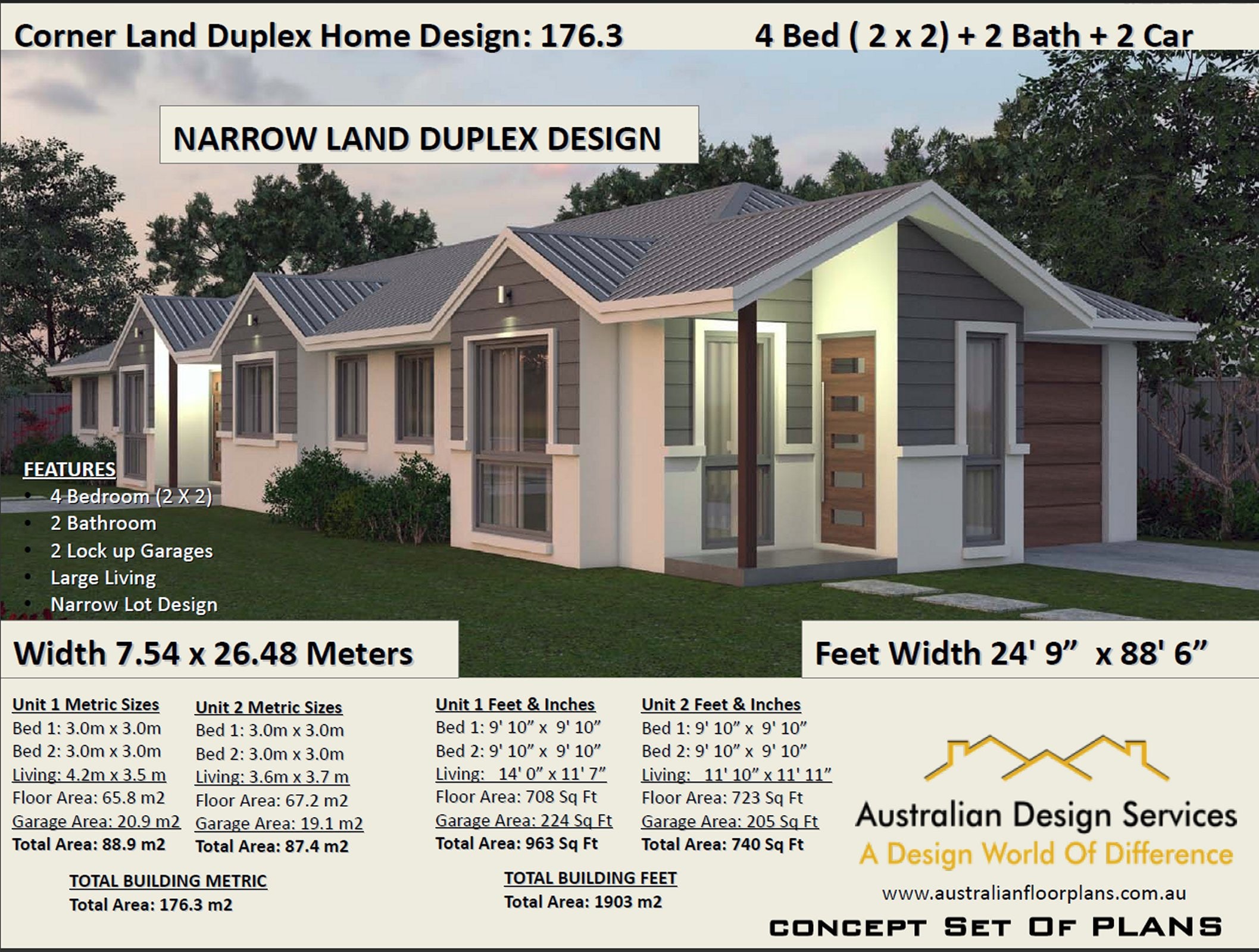 DUPLEX DESIGN- Narrow Corner Duplex Plans | 176.3 M2 or 1903 Ft2 | 4 Bed Duplex  Design | Concept Duplex Plans for Sale - Etsy, image size:2115x1600