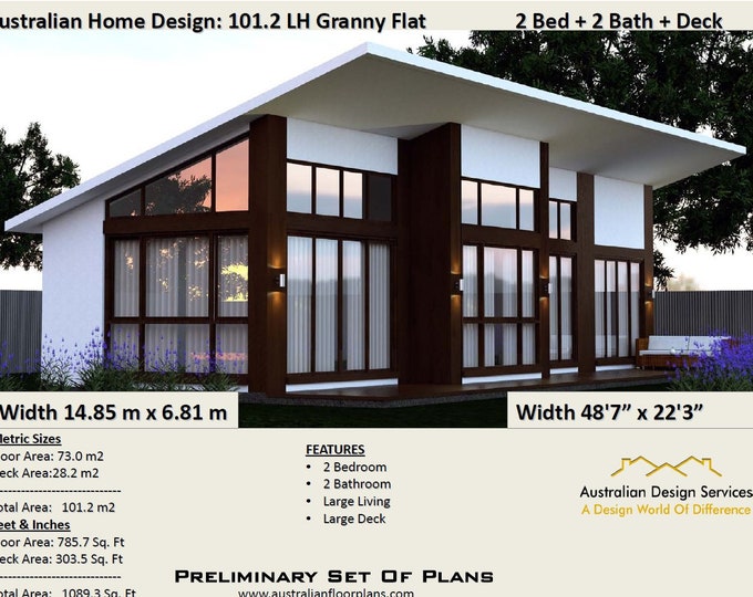 1089 sq foot or 101.2 m2 - Australian 2 Bedroom house plan /  Small and Tiny House Plans / metric Under 1200 sq foot house plans