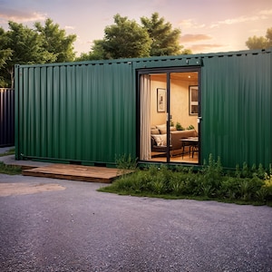 May include: A green shipping container converted into a small home with a wooden deck and a glass door leading to the interior. The interior is visible through the glass door and features a living room with furniture.