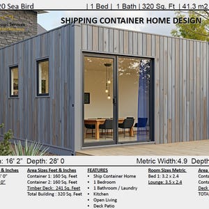 May include: A gray wooden shipping container home design with a large glass door and a deck. The design is called "320 Sea Bird" and includes 1 bedroom, 1 bathroom, and a total of 320 square feet of living space.