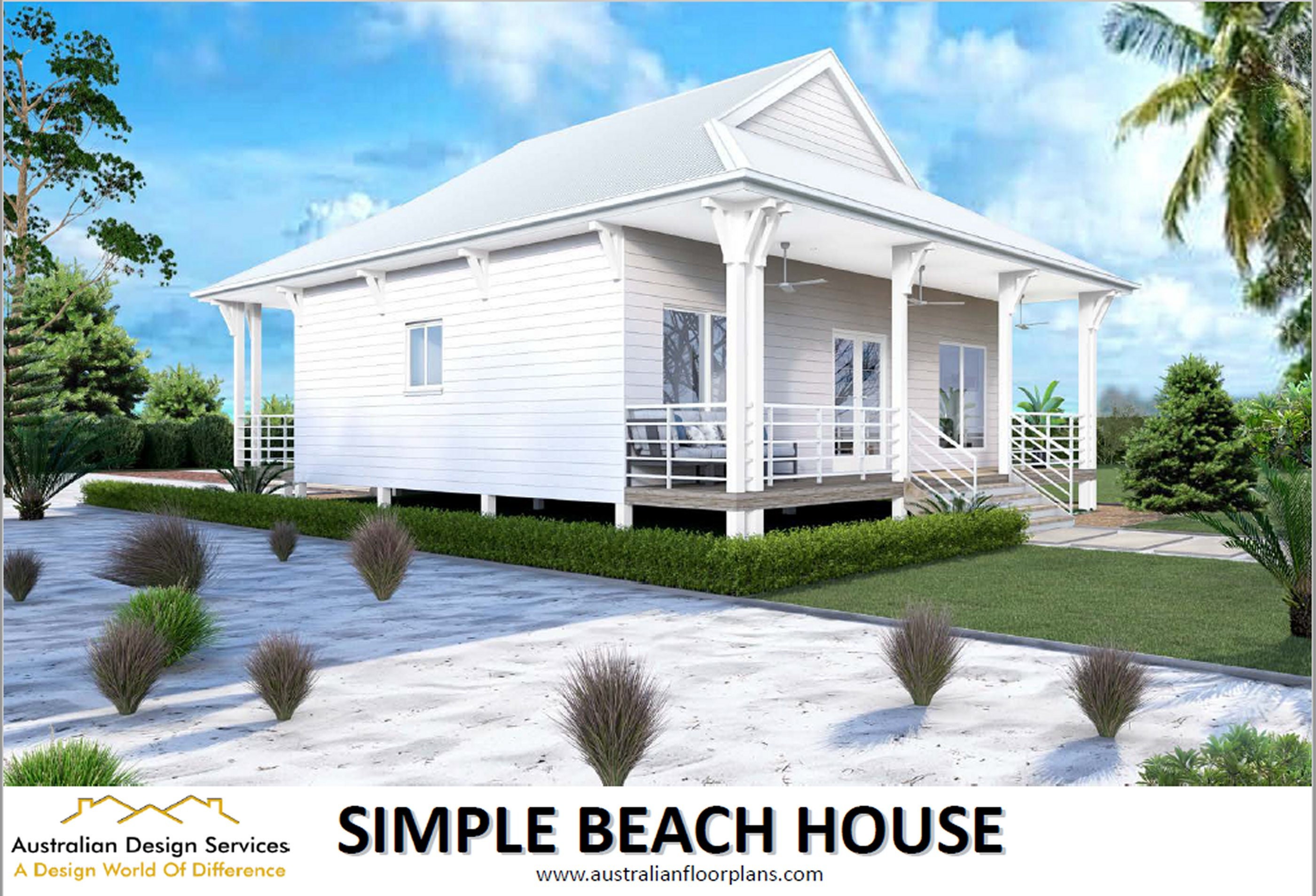 This simple beach house or granny flat small and tiny home design offers a cozy and comfortable living space with two bedrooms and a country-style aesthetic. With 95.9m2/1032 Sq. Feet of space, these beach house plans for sale on Etsy are perfect for those looking for a compact yet charming retreat by the sea.