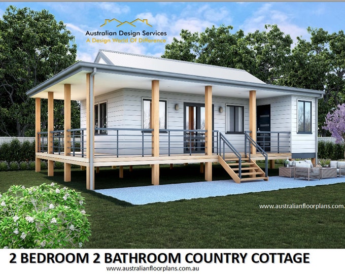 MODERN Country Cottage 2 Bed + 2 Bath House Plans For Sale | 61.7 m2 - 664 Sq. Feet / Small Home Design Plans RH