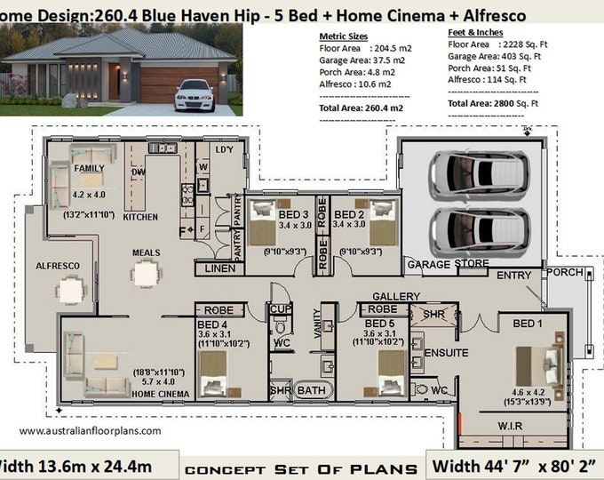 Australian 5 Bed house plans | 260.4 m2 or 2800 Sq. Feet | 5 Bedroom design | 5 bed floor plans | 5 bed blueprints | 5 Bedroom Home Design