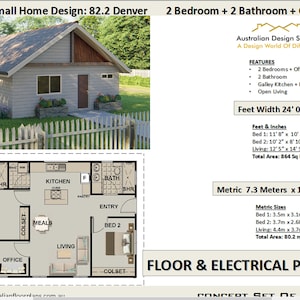 24 x 36 Small Home 2 Bedroom 2 Bathroom Office House Design - PDF Floor & Electrical Plan - 864 sq ft (80.2 m2) Instant Download