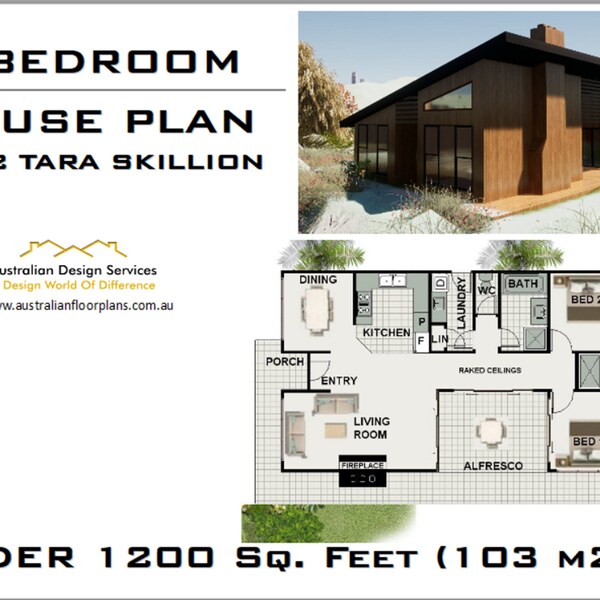 103m2 or 1107 sq foot - Modern 2 Bedroom house plan /  Small and Tiny House Plans / metric Under 1200 sq foot house plans / Granny Flat