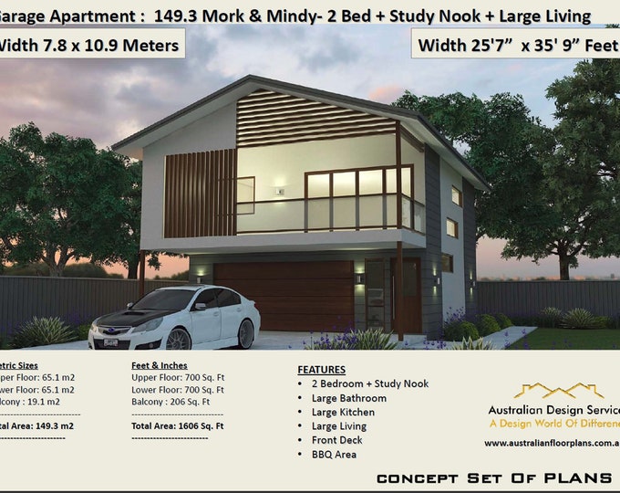 2 Bed + Study garage apartment house plan Area 149.3 m2 |  1606 sq foot  |  Garage Apartment  | Carriage house |  2 Bed House Plans For Sale