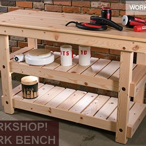 Construction Plan Bench: Build Plans-Wood Garage Shelving & Work Bench Heavy Duty 3 Shelf Unit-Metric + Imperial -Timber, wood/ Blueprint