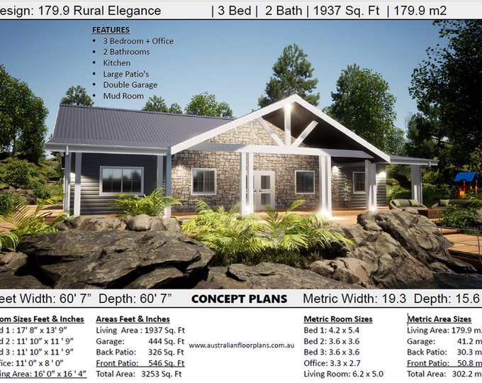 COUNTRY RETREAT - Architectural Concept House Plans | Modern Rural Elegance inexpensive cottage plan Metric/feet and inches