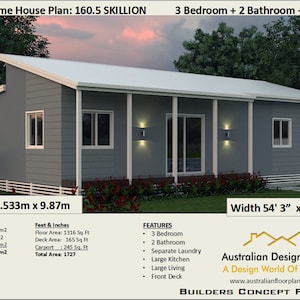3 Bedroom House Plan, Size (122.3 m2) (1316 Sq Foot), 3 Bed Small & Tiny Home-Living, Skillion Roof Design, Hillside house plans