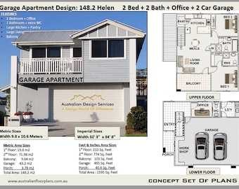 Garage Apartment Plan - 2 Bed + Office house plan Area 148.2 m2 | 1595 sq foot  |  airbnb Apartment  | Carriage house