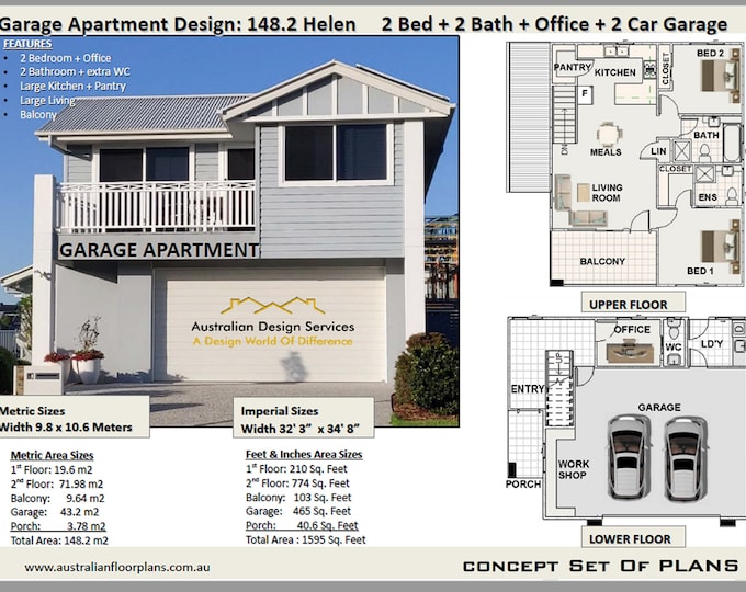 Garage Apartment Plan - 2 Bed + Office house plan Area 148.2 m2 | 1595 sq foot  |  airbnb Apartment  | Carriage house