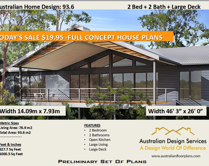 HOUSE PLAN SALE Today ! 2 Bed + 2 Bath - Steep Slope House Design Best Selling House Plan