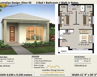 Small House Design - 55 Elton -59.74 m2 or 642 Sq Feet /  2 Bedrooms + 2 way bathroom Granny Flat House - Concept blueprints House Plans