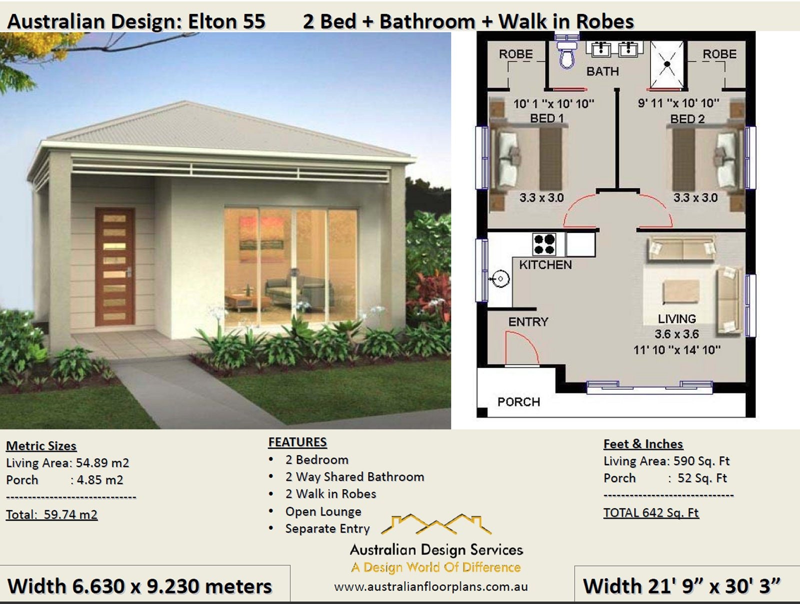 Granny Flat 2 Bedroom Home Plan 111 SBHLH 100 M2 1070 Sq. Foot Concept House  Plans for Sale 