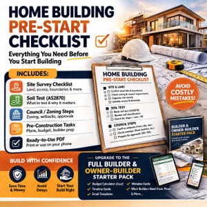 Lista de verificación previa al inicio de la construcción de una vivienda / Guía de construcción / Estudio del terreno, análisis del suelo, trámites municipales / PDF para propietarios autoconstructores (versiones para EE. UU. y Australia)