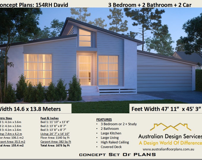 154David | 3 Bed or 2 Bed + Study + 2 Bathrooms + 2 Car Carport - Kit home house plans For Sale |  106 m2 or 1140 Sq. Feet