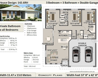Pode incluir: Um plano de planta para um projeto de casa com três quartos, três banheiros e uma garagem dupla. O plano mostra o layout dos quartos, incluindo a cozinha, a sala de estar, os quartos e os banheiros. O plano também inclui as medidas de cada quarto. O projeto da casa é chamado de "142.6RH".