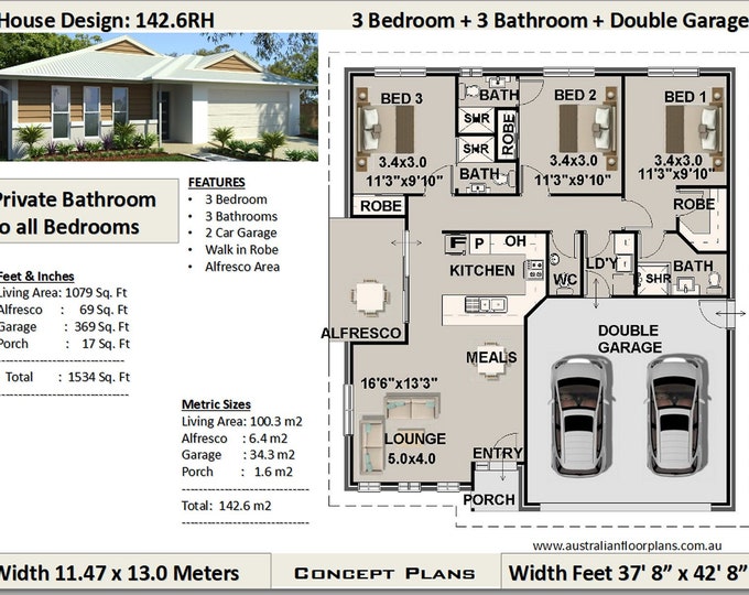 3 Bedroom house plan 1079 Sq Feet or 100 m2 |  Private Bathroom to all Bedrooms |  Best Selling 3 Bedroom House Plans