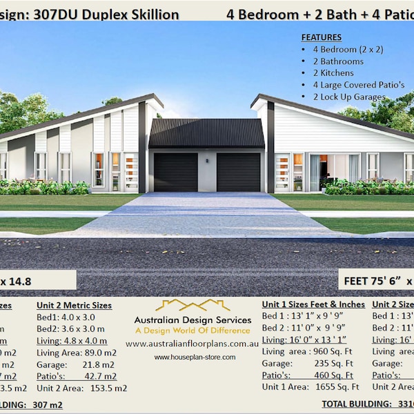 DUPLEX HOME DESIGN -4 Bed 2 bath- Modern Skillion Roof Design | duplex house plans | duplex House Plans for Sale - Best Seller!