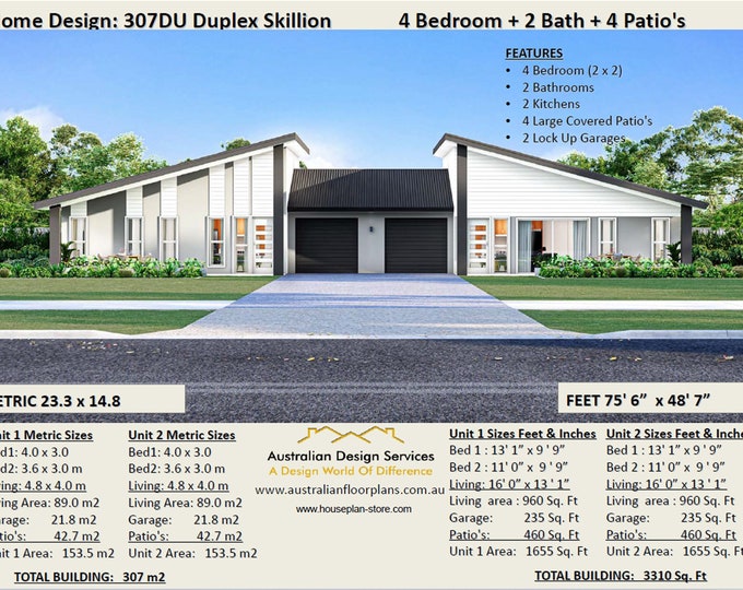 DUPLEX HOME DESIGN -4 Bed 2 bath- Modern Skillion Roof Design | duplex house plans | duplex House Plans for Sale - Best Seller!