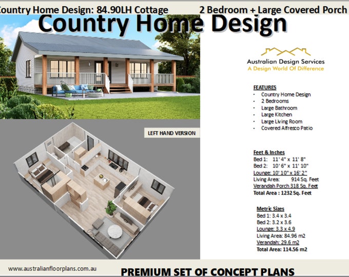 Small Cottage Cabin Design - Country Cottage 2 Bed House Plans For Sale | 84.9 m2 -914 Sq. Feet modern farmhouse