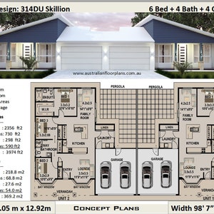 Puede incluir: Plano de planta de un dúplex con 6 dormitorios, 4 baños y un garaje para 4 coches. El plano muestra dos unidades, cada una con una sala de estar, cocina, lavadero y dormitorios. La casa tiene una superficie total de 369,2 metros cuadrados.