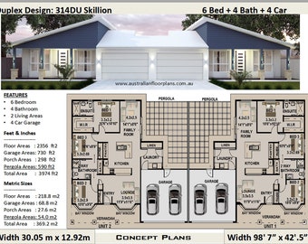 Puede incluir: Plano de planta de un dúplex con 6 dormitorios, 4 baños y un garaje para 4 coches. El plano muestra dos unidades, cada una con una sala de estar, cocina, lavadero y dormitorios. La casa tiene una superficie total de 369,2 metros cuadrados.