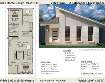 Small House Plan 1000 Sq Foot (94.2 Sq Meters) | 2 Bedroom house plan 94.2 GFLH | Small Home- Granny Flat Concept House Plans For Sale