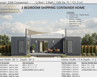 Progetto di costruzione n. 1306: casa container con 2 camere da letto e 2 bagni / Progetti di case moderne