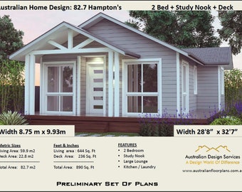 2 bedroom small home design, Livinig Area 636 sq feet or 59.9 m2, Hamptons Style 2 Bed + Study granny flat, Under 1200 sq foot house plans