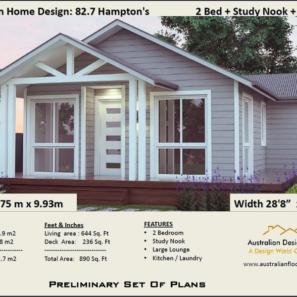 2 bedroom small home design, Livinig Area 636 sq feet or 59.9 m2, Hamptons Style 2 Bed + Study granny flat, Under 1200 sq foot house plans