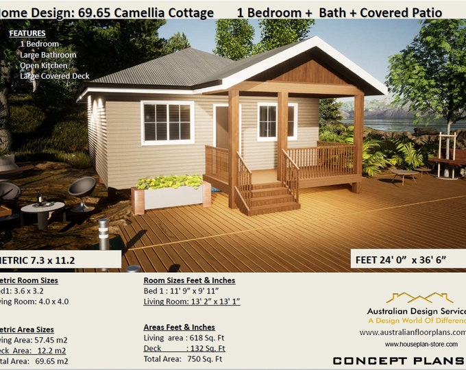 House Plans - Small and Tiny Home Plans -Small House Plan 69.65 Camellia Cottage 618 Sq Foot (57.45 m2) building Plans ON SALE TODAY !