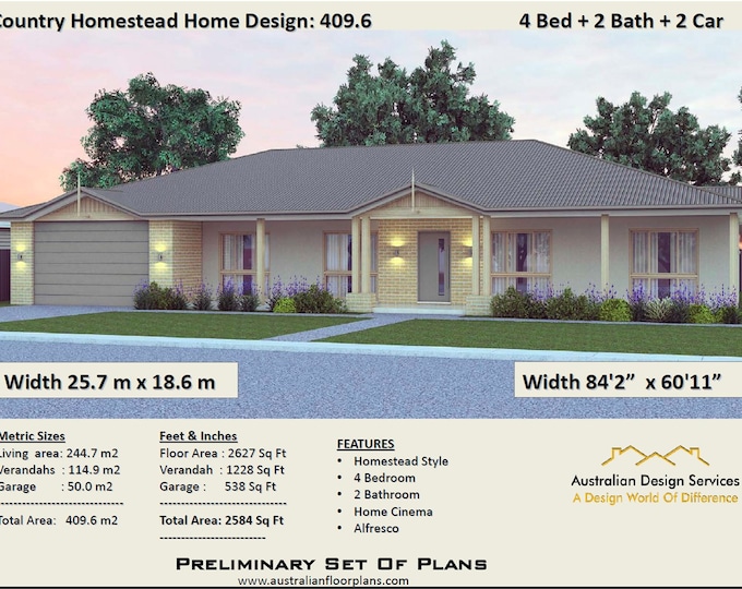 Country Homestead House Plan | 409.6 m2  | 2584 Sq Foot | Acreage house design | 4 Bed  |4 Bed + 2 Bath + 2 Car Concept Blueprint PDF