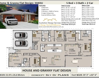 May include: Floor plan for a 5 bedroom, 3 bathroom house with a granny flat. The house has a large living area, a home cinema, a kitchen, and an alfresco dining area. The granny flat has a bedroom, a bathroom, a kitchen, and a living area. The house is 39' 3" wide and 87' 6" long. The total area is 3270 square feet.