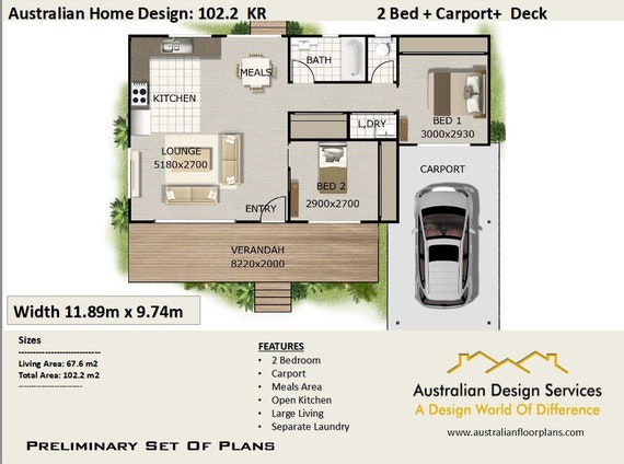2 Bedroom Carport House Plan Living Area 67 6 M2 102 2 M2 Etsy