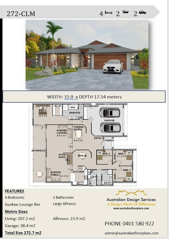 272 m2 4 Bedroom house  plans  Double  Garage  Home  Plans  Etsy