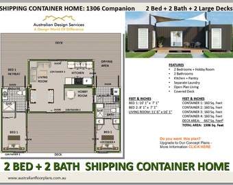 May include: Floor plan of a 1306 square foot shipping container home with two bedrooms, two bathrooms, a kitchen, a hobby room, and a living room. The home has a large deck and is built with two shipping containers. The floor plan is labeled with the dimensions of each room and the total square footage of the home.
