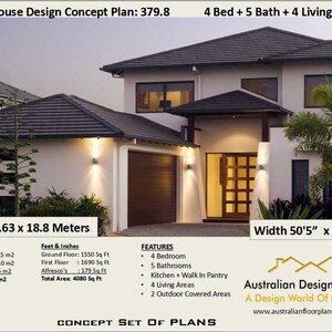 Pode incluir: Um plano de conceito de design de casa de dois níveis com um exterior branco e um telhado preto. O plano inclui 4 quartos, 5 banheiros e 4 salas de estar. A casa tem 50'5" de largura por 61'9" de comprimento. A área total é de 4080 pés quadrados. O plano é da Australian Design Services.