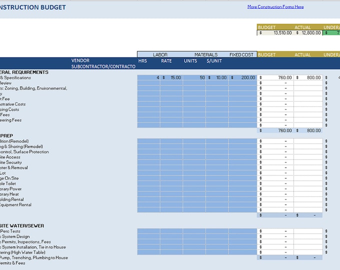 1 Construction Budget EXCEL- Template Cost Breakdown -   Ideal for New Home Builders and Tradesman and home renovations