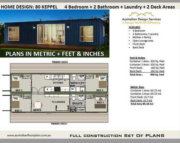 4 Bedroom Shipping Container Home 80 Keppel | Construction House Plans | Blueprints USA  feet & Inches- Metric Sizes- Sale