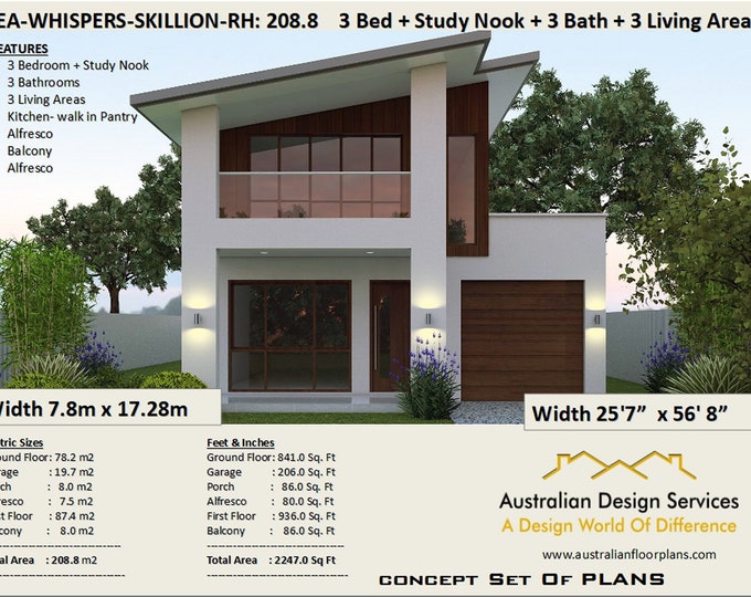 Narrow Skillion Roof house plans RH | 208 m2 | 2247 sq. feet | 2 Storey Skillion Roof house design | 2 story home design | modern 2 storey