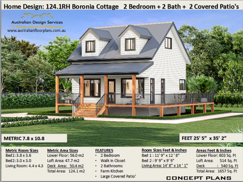 2 Bedroom Cottage house plan / Small and Tiny House Plans / Under 100 m2 or 1200 sq foot house plans / Granny Flat 26 x 36 Cottage Cabin image 9