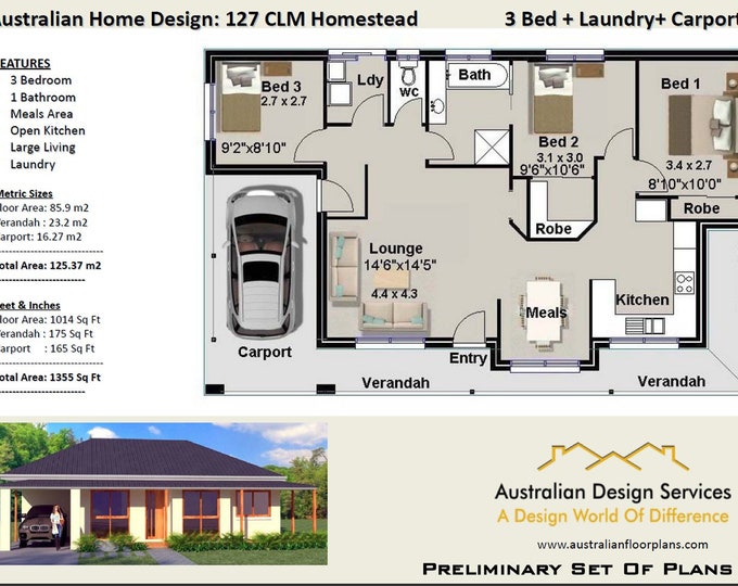 Country 3 Bedroom / 125 m2 | 1355 Sq Foot  | 3 Bed + 1 Car  |  Colonial House Plans | Country house plan | House plans Sale