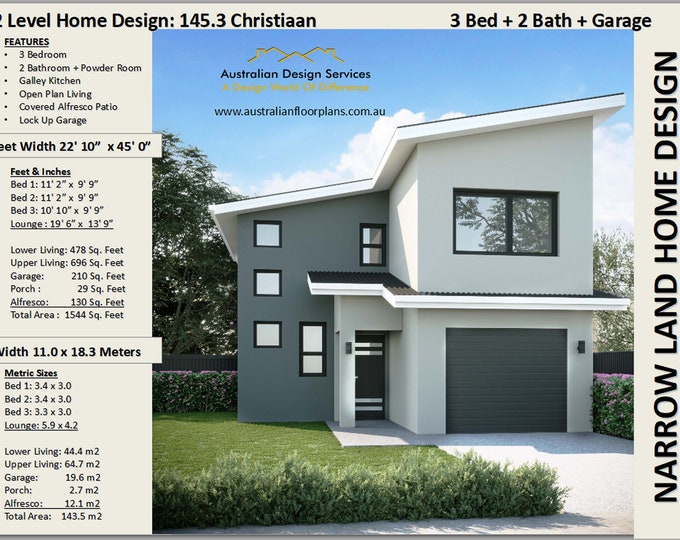 143 m2 /1544 Sq. Feet 3 Bedroom Narrow 2 Storey design/Narrow Lot plan/two story house plan/Narrow home/modern 2 storey/house plans for sale