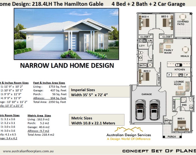 4 Bedroom house plans | 218.4 m2 or 2350 Sq. Feet | 4 Bedroom home design  |  Narrow Land House Plans For Sale - Gable Roof